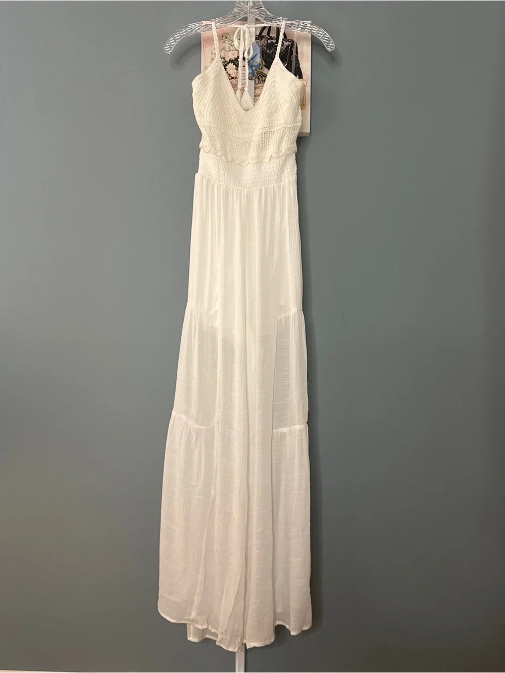 186 • White Crochet Bodice Halter Palazzo Pants Romper - Picture 2 of 11